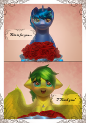 Size: 2250x3200 | Tagged: safe, artist:klooda, imported from derpibooru, oc, oc only, oc:aura skye, oc:evergreen feathersong, pegasus, pony, unicorn, blushing, comics, curves, english, everskye, female, female pov, flower, frame, happy, heart eyes, holiday, jewelry, male, male pov, mare, offscreen character, overwatch, pair, pattern, pendant, pov, present, realistic, rose, smiling, soft shading, stallion, text, valentine's day, wingding eyes, ych result