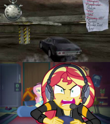 Size: 600x676 | Tagged: safe, edit, edited screencap, imported from derpibooru, screencap, fluttershy, sunset shimmer, equestria girls, equestria girls series, game stream, spoiler:eqg series (season 2), car, driver, driver (video game), john tanner, meme, psycho gamer sunset, sunset shimmer frustrated at game, tell me what you need