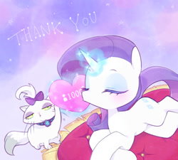 Size: 1280x1152 | Tagged: safe, artist:kkmrarar, imported from derpibooru, opalescence, rarity, cat, pony, unicorn, bow, eyes closed, female, glowing heart, hair bow, heart, kissing, magic, mare, telekinesis, thank you