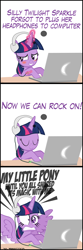 Size: 2000x6000 | Tagged: safe, artist:mrkat7214, imported from derpibooru, twilight sparkle, alicorn, pony, comic:twilight vs. computer, aura, blushing, comic, computer, ear rape, embarrassed, female, funny, glowing horn, headphones, horn, irony, laptop computer, magic, metal, rock, rock (music), solo, spread wings, sweat, sweatdrop, telekinesis, theme song, this will end in deafness, title drop, twilight sparkle (alicorn), volume, wings