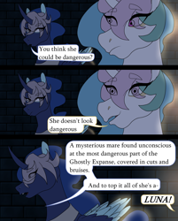 Size: 1768x2196 | Tagged: safe, artist:moonaknight13, imported from derpibooru, princess celestia, princess luna, pony, comic:the magic within, comic series, dungeon, frown, smiling, text, walk cycle, walking