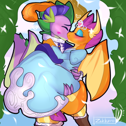 Size: 3000x3000 | Tagged: safe, artist:zakkurro, imported from derpibooru, smolder, spike, dragon, clothes, dress, female, jewelry, kiss mark, kiss on the lips, kissing, lipstick, male, prince spike, princess smolder, shipping, spolder, straight, tiara