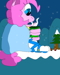 Size: 2000x2500 | Tagged: safe, artist:aswann12, imported from derpibooru, pinkie pie, anthro, chocolate, food, hot chocolate, ice, macro, mario, mariopie, snow, snowfall