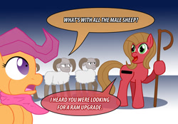 Size: 1148x800 | Tagged: safe, artist:ladyanidraws, imported from derpibooru, scootaloo, oc, oc:pun, earth pony, pony, robot, robot pony, ask pun, ask, female, mare, pun, ram, scootabot, visual pun