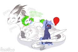 Size: 774x524 | Tagged: safe, artist:luna dave, imported from derpibooru, oc, oc only, oc:aeks (flayg) daar karus, oc:white night, dragon, earth pony, dragon oc, earth pony oc, fluffy, purring, rule 63, simple background, smiling, text, white background