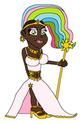 Size: 890x1332 | Tagged: safe, artist:logan jones, imported from derpibooru, princess celestia, human, anklet, belly button, bracelet, clothes, crown, cutie mark, dark skin, dress, dyed hair, ear piercing, earring, eyeshadow, feet, female, high heels, humanized, jewelry, lipstick, makeup, midriff, necklace, piercing, regalia, sandals, shoes, staff, tattoo, toe ring