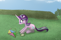 Size: 2581x1685 | Tagged: safe, artist:puetsua, imported from derpibooru, starlight glimmer, pony, unicorn, crying, female, horn, kite, mare, sad, solo, that pony sure does love kites