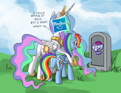 Size: 1280x985 | Tagged: safe, imported from derpibooru, princess celestia, rainbow dash, alicorn, pegasus, pony, butt, celestia's grave meme, end of ponies, exploitable meme, female, grave, hasbro, hasbro logo, implied death, mare, meme, my little pony, my little pony logo, plot