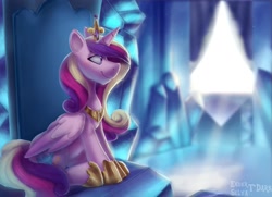 Size: 1613x1169 | Tagged: safe, artist:enderselyatdark, imported from derpibooru, princess cadance, alicorn, pony, crown, crystal, crystal empire, horn, jewelry, princess of love, rcf community, regalia, sitting, solo, throne, throne room