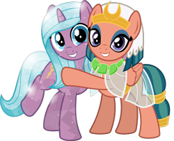 Size: 5014x4075 | Tagged: safe, artist:jhayarr23, idw, imported from derpibooru, radiant hope, somnambula, crystal pony, pegasus, pony, unicorn, absurd resolution, clothes, cute, duo, duo female, eyeliner, eyeshadow, female, friendshipping, glowpaz, hopabetes, hope, hug, idw showified, looking at you, makeup, mare, see-through, show accurate, simple background, smiling, somnambetes, sweet dreams fuel, transparent background, vector