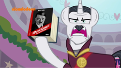 Size: 1036x584 | Tagged: safe, edit, edited edit, edited screencap, imported from derpibooru, screencap, chancellor neighsay, pony, school raze, 1000 hours in gimp, adolf hitler, facial hair, german, male, mein kampf, moustache, nazi, nickelodeon, solo