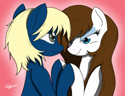 Size: 1600x1227 | Tagged: safe, artist:jyukaianiki, artist:poniaki, imported from derpibooru, oc, oc only, oc:dippy, oc:hot coco, earth pony, pony, duo, earth pony oc, eye contact, eyeshadow, female, looking at each other, makeup, male, mare, oc x oc, shipping, straight