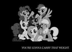 Size: 1075x780 | Tagged: safe, imported from derpibooru, applejack, fluttershy, pinkie pie, rainbow dash, rarity, twilight sparkle, earth pony, pegasus, pony, unicorn, cowboy bebop, end of ponies, grayscale, mane six, mane six opening poses, monochrome, reference, the beatles