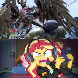 Size: 1280x1280 | Tagged: safe, edit, imported from derpibooru, screencap, fluttershy, sunset shimmer, equestria girls, equestria girls series, game stream, spoiler:eqg series (season 2), angry, comparison, gamer sunset, god of war, kratos, meme, psycho gamer sunset, rage, rageset shimmer, sigrun, sunset gamer, sunset shimmer frustrated at game, tell me what you need, valkyrie