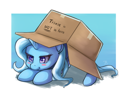 Size: 1414x1000 | Tagged: safe, artist:the-park, imported from derpibooru, trixie, pony, unicorn, blatant lies, blush sticker, blushing, border, box, camouflage, cardboard box, colored pupils, crouching, cute, daaaaaaaaaaaw, diatrixes, face down ass up, female, gradient background, hiding, hnnng, horn, lidded eyes, mare, metal gear, pony in a box, prone, seems legit, signature, silly, silly pony, simple background, smiling, smirk, sneak 100, solo, starry eyes, stealth, white background, wingding eyes