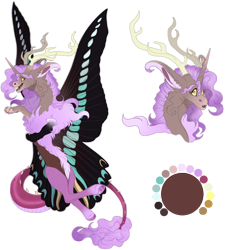 Size: 1060x1120 | Tagged: safe, artist:bijutsuyoukai, imported from derpibooru, oc, oc only, draconequus, antlers, butterfly wings, cheek fluff, draconequus oc, female, offspring, parent:discord, parents:canon x oc, simple background, solo, transparent background