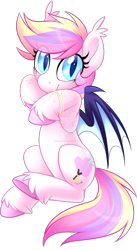 Size: 1280x2338 | Tagged: safe, artist:scarlet-spectrum, imported from derpibooru, oc, oc only, oc:confectionery bliss, bat pony, pony, bat pony oc, bat wings, colored hooves, deviantart watermark, ear fluff, female, freckles, looking at you, mare, obtrusive watermark, simple background, sitting, slit eyes, slit pupils, smiling, solo, spread wings, transparent background, underhoof, unshorn fetlocks, watermark, wings, wristband