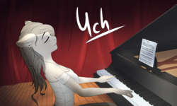 Size: 2400x1440 | Tagged: safe, artist:mintjuice, imported from derpibooru, anthro, advertisement, blushing, clothes, commission, dress, eyes closed, female, floppy ears, mare, music, musical instrument, musician, piano, pleasure, stage, your character here