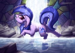 Size: 6614x4677 | Tagged: safe, artist:calena, imported from derpibooru, sea swirl, seafoam, pony, unicorn, absurd resolution, bath, bathing, commission, female, grin, outdoors, shower, smiling, solo, water, waterfall, waterfall shower, ych result