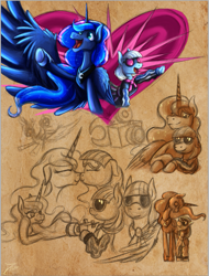 Size: 821x1079 | Tagged: safe, artist:jamescorck, imported from derpibooru, photo finish, princess luna, alicorn, earth pony, pony, crack shipping, kissing, photo, shipping, sketch, sketch dump