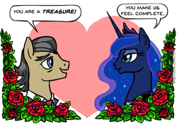 Size: 603x424 | Tagged: safe, artist:gingerfoxy, imported from derpibooru, filthy rich, princess luna, alicorn, earth pony, pony, pony couple generator, crack shipping, eyebrows, filthyna, flower, heart, rose, shipping, text