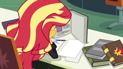 Size: 1280x720 | Tagged: safe, edit, edited screencap, imported from derpibooru, screencap, sunset shimmer, equestria girls, friendship games, blank, book