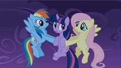 Size: 1666x939 | Tagged: safe, imported from derpibooru, screencap, fluttershy, rainbow dash, twilight sparkle, pegasus, pony, unicorn, friendship is magic, female, flying, holding a pony, mare, smiling, trio, unicorn twilight