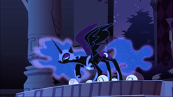 Size: 1668x939 | Tagged: safe, imported from derpibooru, screencap, nightmare moon, alicorn, pony, friendship is magic, season 1, armor, castle of the royal pony sisters, colored eyelashes, crouching, element of generosity, element of honesty, element of kindness, element of laughter, element of loyalty, element of magic, elements of harmony, ethereal hair, ethereal mane, ethereal tail, eyeshadow, female, helmet, hoof shoes, horn, jewelry, makeup, mare, narrowed eyes, peytral, raised hoof, regalia, slit pupils, smiling, smirk, smug, solo, spread wings, starry hair, starry mane, starry tail, tail, wings