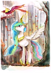 Size: 2409x3437 | Tagged: safe, artist:mashiromiku, imported from derpibooru, philomena, princess celestia, alicorn, phoenix, pony, forest, traditional art, tree, watercolor painting