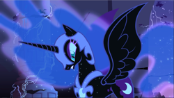 Size: 1667x940 | Tagged: safe, imported from derpibooru, screencap, nightmare moon, alicorn, pony, friendship is magic, season 1, angry, armor, castle of the royal pony sisters, colored eyelashes, ethereal hair, ethereal mane, ethereal tail, eyeshadow, female, helmet, horn, jewelry, looking down, makeup, mare, peytral, regalia, slit pupils, solo, spread wings, starry hair, starry mane, starry tail, tail, wings