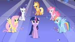 Size: 1666x938 | Tagged: safe, imported from derpibooru, screencap, applejack, fluttershy, pinkie pie, rainbow dash, rarity, twilight sparkle, earth pony, pegasus, pony, unicorn, friendship is magic, castle of the royal pony sisters, female, glow, glowing, magic, mane six, mare, smiling, unicorn twilight