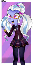 Size: 1948x3827 | Tagged: safe, artist:naymasparkle1, imported from derpibooru, sugarcoat, equestria girls, bowtie, clothes, crystal prep academy uniform, cute, glasses, hairpin, leggings, open mouth, school uniform, skirt, sugarcute