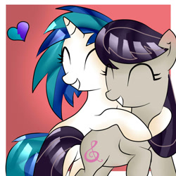 Size: 800x800 | Tagged: safe, artist:naymasparkle1, imported from derpibooru, dj pon-3, octavia melody, vinyl scratch, earth pony, pony, unicorn, female, heart, hug, lesbian, mare, scratchtavia, shipping, smiling