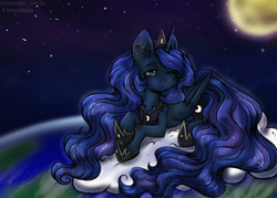 Size: 2800x2000 | Tagged: safe, artist:zefirka, imported from derpibooru, princess luna, alicorn, pony, cloud, earth, female, mare, moon, one eye closed, solo