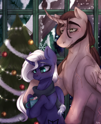 Size: 1063x1307 | Tagged: safe, artist:rottengotika, imported from derpibooru, oc, oc:dante wail, oc:star nebula moon, alicorn, pony, age difference, alicorn oc, christmas, christmas tree, clothes, complex background, couple, cute, decoration, female, holiday, male, night, scar, scarf, straight, tree, window