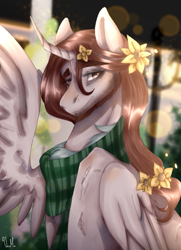 Size: 785x1084 | Tagged: safe, artist:rottengotika, imported from derpibooru, oc, oc only, oc:dante wail, alicorn, pony, alicorn oc, clothes, dark, flower, happy, male, night, scar, scarf, smiley face, smiling, solo, stallion