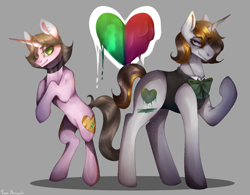 Size: 1500x1172 | Tagged: safe, artist:rottengotika, imported from derpibooru, oc, oc:adaline heart, oc:elliott heartbreak, pony, unicorn, clothes, duo, heart, poison, related, relatives, simple background, unicorn oc