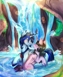 Size: 1035x1276 | Tagged: safe, artist:rottengotika, imported from derpibooru, oc, oc only, oc:paint rose, oc:prago pillows, alicorn, pony, alicorn oc, couple, crying, detailed background, happy, positive, present, relationship, romance, water, waterfall