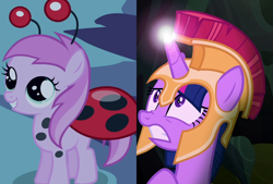 Size: 918x621 | Tagged: safe, edit, edited screencap, imported from derpibooru, screencap, piña colada, twilight sparkle, alicorn, pony, luna eclipsed, scare master, starlight the hypnotist, spoiler:interseason shorts, armor, athena sparkle, costume, cropped, glowing horn, nightmare night, piña cutelada, twilight hates ladybugs, twilight sparkle (alicorn)