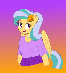 Size: 864x960 | Tagged: safe, artist:funble, artist:pacificside18, imported from derpibooru, oc, oc only, oc:pacific breeze, anthro, pegasus, unguligrade anthro, anthro oc, bust, clothes, female, flower, flower in hair, looking at you, mare, simple background