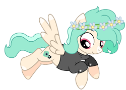 Size: 1057x757 | Tagged: safe, artist:fandom-crockpot, artist:shiibases, imported from derpibooru, oc, oc only, oc:snap happy, pegasus, pony, base used, clothes, female, floral head wreath, flower, flying, mare, raised hoof, shirt, simple background, solo, transparent background