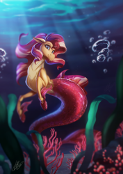 Size: 1767x2500 | Tagged: safe, artist:light262, imported from derpibooru, sunset shimmer, siren, cloven hooves, colored hooves, female, looking at you, signature, sirenified, smiling, solo, species swap, sunset siren, underwater, water