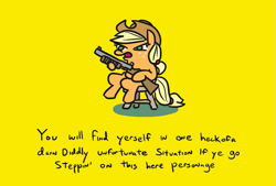 Size: 751x508 | Tagged: safe, artist:jargon scott, edit, editor:reb4ham, imported from derpibooru, applejack, earth pony, pony, cowboy hat, delet this, don't tread on me, faic, female, freckles, gadsden flag, gun, hat, hoof hold, mare, shotgun, simple background, solo, weapon, yellow background