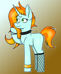 Size: 1024x1229 | Tagged: safe, artist:palerose522, imported from derpibooru, oc, oc only, oc:streetz, pony, unicorn, blank flank, bracelet, choker, female, fishnets, gradient background, jewelry, mare, raised hoof, solo, spiked choker, wristband