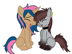 Size: 1280x960 | Tagged: safe, artist:showtimeandcoal, imported from derpibooru, oc, oc only, oc:crystal smile, oc:sadistic smile, earth pony, pony, unicorn, bond, collar, colt, commission, couple, cute, duo, ear piercing, earring, female, filly, jewelry, love, male, mare, piercing, ponysona, simple background, stallion, transparent background, ych result