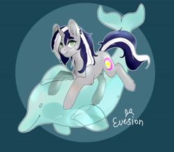 Size: 4272x3744 | Tagged: safe, artist:evesion, imported from derpibooru, oc, oc only, oc:starlit nightcast, pony, unicorn, ear piercing, female, inflatable, inflatable dolphin, inflatable toy, mare, piercing, pool toy, signature, simple background, solo, ych result