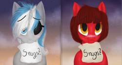 Size: 2400x1280 | Tagged: safe, artist:fluffytail_studio, imported from derpibooru, oc, oc:cinnamon pop, oc:sekr gray, pegasus, pony, unicorn, blushing, cute, eyepatch, image set, mouth hold, sekramon, snuggles?, ych result