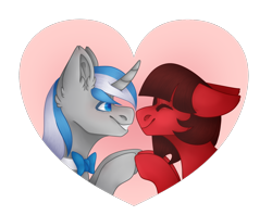 Size: 1158x915 | Tagged: safe, artist:figa, imported from derpibooru, oc, oc:cinnamon pop, oc:sekr gray, pegasus, pony, unicorn, bowtie, couple, female, heart, hearts and hooves day, holiday, male, sekramon, shipping, simple background, straight, transparent background, valentine, valentine's day, ych result