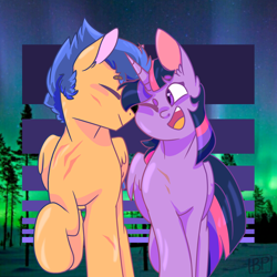 Size: 2000x2000 | Tagged: safe, artist:glitterstar2000, imported from derpibooru, flash sentry, twilight sparkle, alicorn, pegasus, pony, eyes closed, female, flashlight, male, mare, one eye closed, open mouth, scar, shipping, smiling, stallion, straight, tree, twilight sparkle (alicorn)