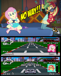 Size: 640x795 | Tagged: safe, edit, imported from derpibooru, screencap, fluttershy, sunset shimmer, equestria girls, equestria girls series, game stream, spoiler:eqg series (season 2), angry, car, converse, meme, racing, shoes, sneakers, sunset shimmer frustrated at game, super nintendo, super nintendo entertainment system, top gear, versus